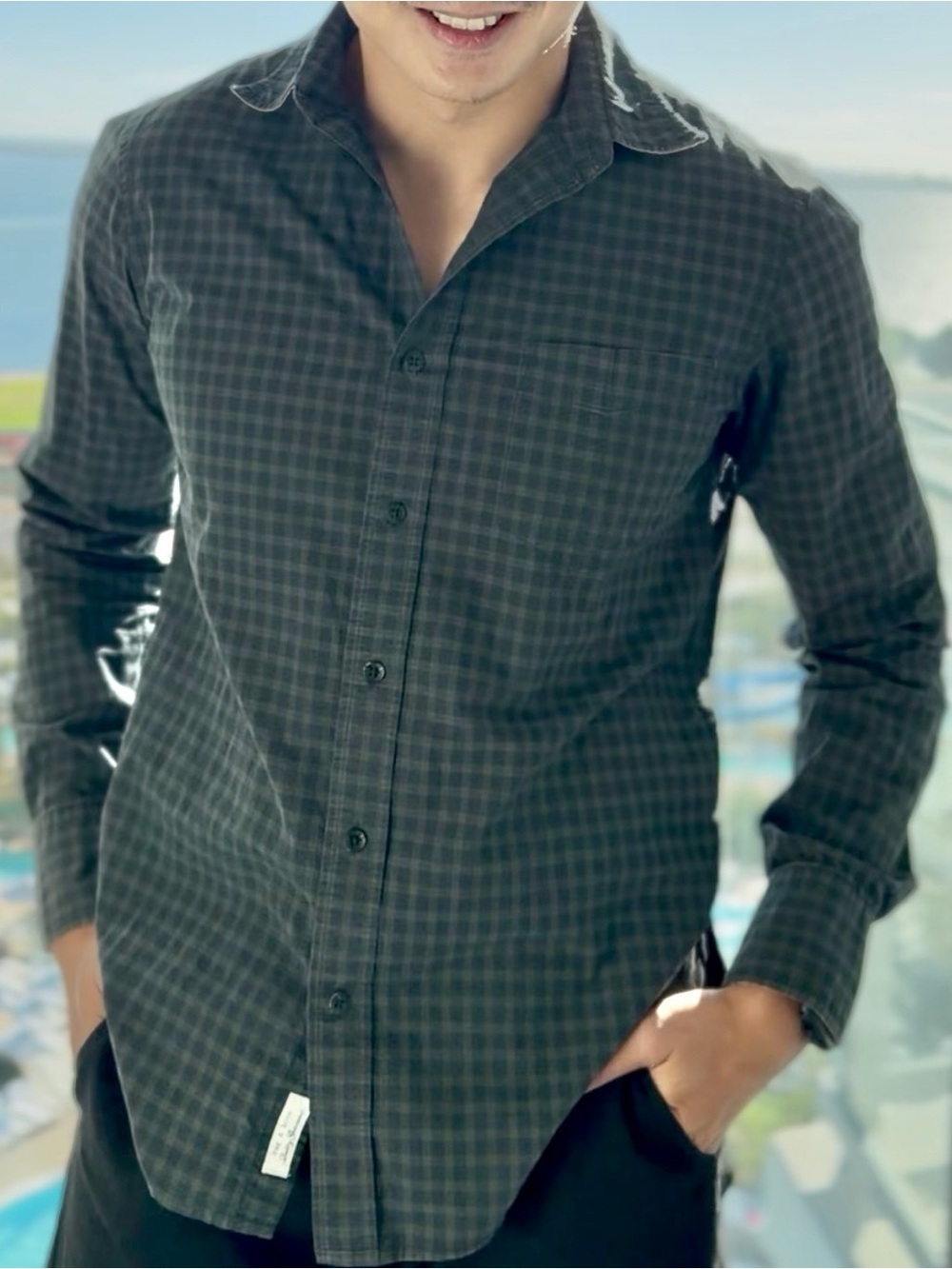 Rag & Bone Men's Dark Green Checked Button-Up polo